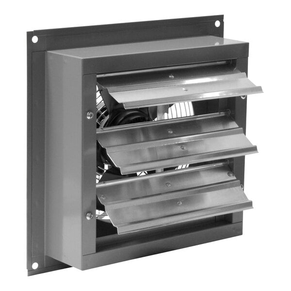 A metal vent with a Canarm 10'' standard wall exhaust fan.