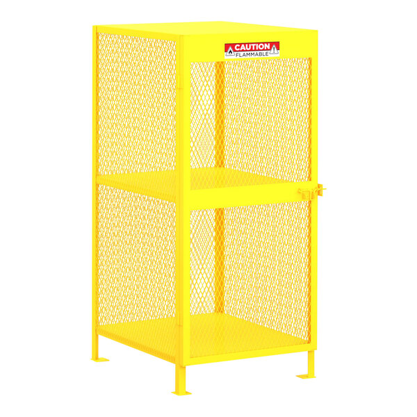 A yellow metal Valley Craft gas cylinder cabinet with two shelves and a mesh door.