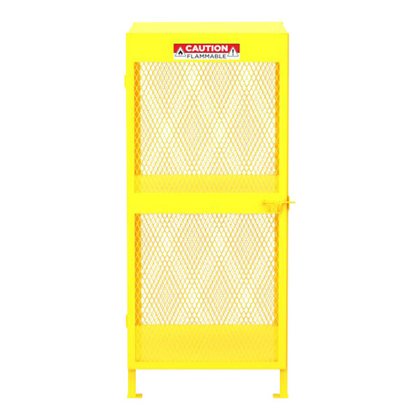 A yellow metal Valley Craft gas cylinder cabinet with a yellow mesh door.