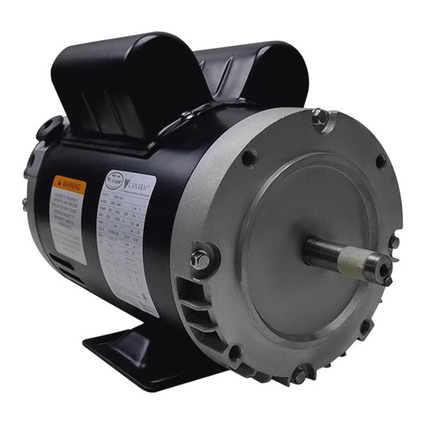 A black and silver Canarm 1/2 hp electric motor.