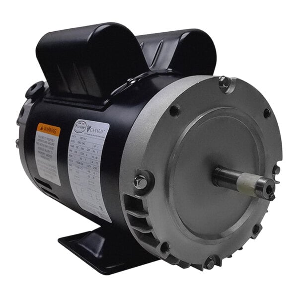 A black and silver Canarm 1/3 hp electric motor.