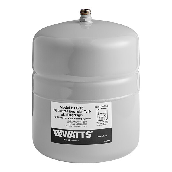 A white cylinder with a black Watts label.