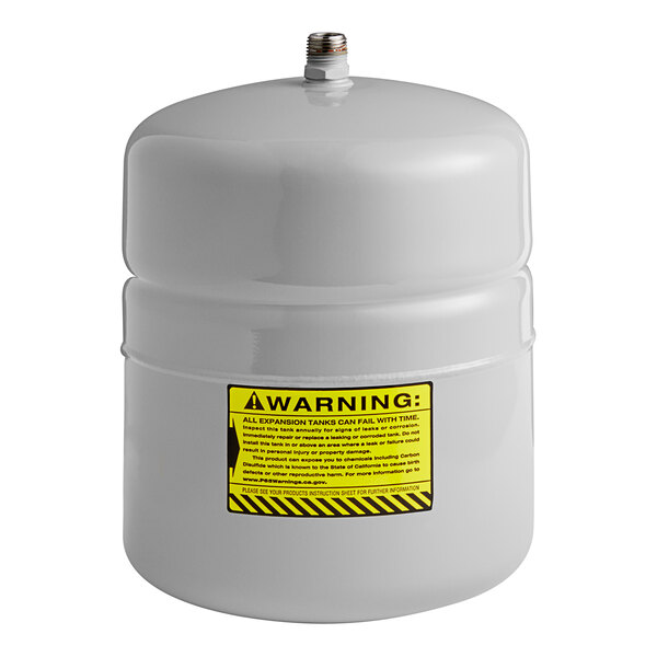 A white cylinder with a yellow label, the Watts ETX-15 expansion tank.