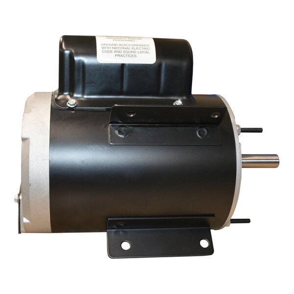 A cylindrical black and silver electric motor with a mounting bracket and a protruding metal shaft.