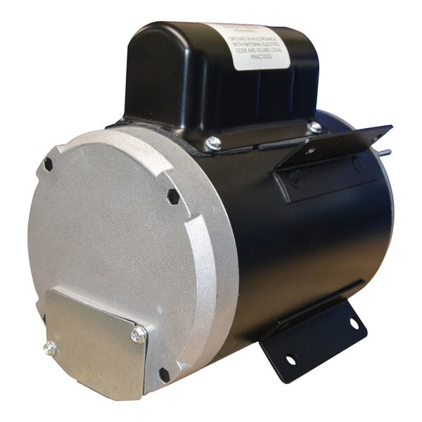 A cylindrical black and silver electric motor with a mounting bracket and a protective cover on one end.