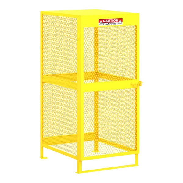 A yellow metal cabinet with a mesh door.