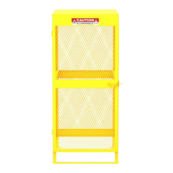 A yellow metal Valley Craft gas cylinder cabinet with a white mesh door.