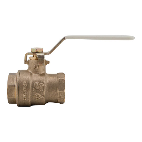 A Watts DZR brass ball valve with a white handle.