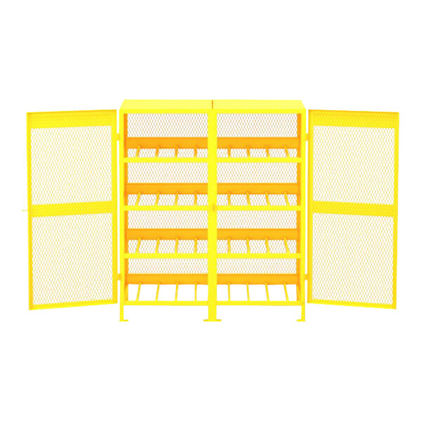 A yellow metal safety cabinet with mesh doors.