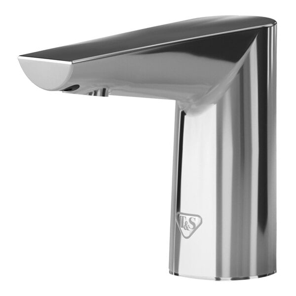 A T&S WaveCrest polished chrome deck mount sensor faucet with a modern edge spout.