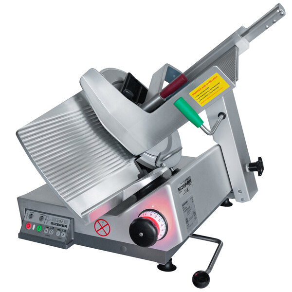 A Bizerba heavy-duty meat slicer with a metal blade and safety package.