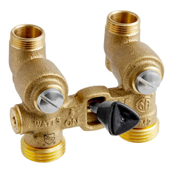 Two brass Watts manual washing machine shutoff valves with brass handles.