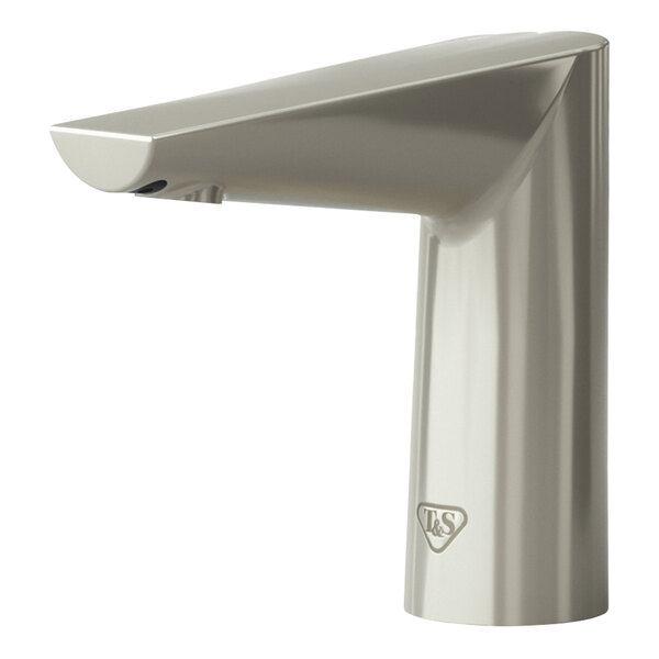 A T&S WaveCrest brushed nickel deck mount sensor faucet with a touch control.