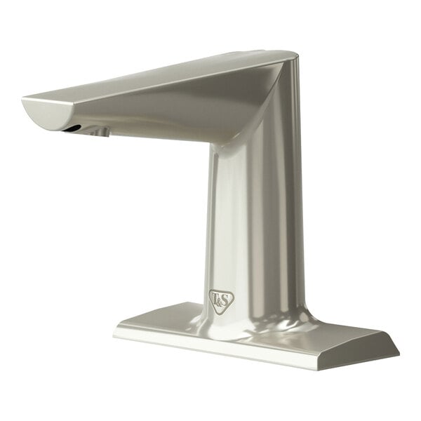 A silver T&S WaveCrest deck mount sensor faucet with a white background.