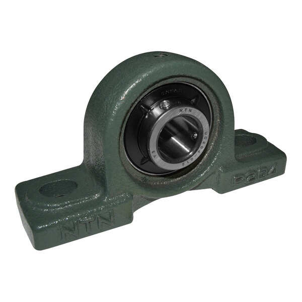 A green metal pillow block bearing with a round center.