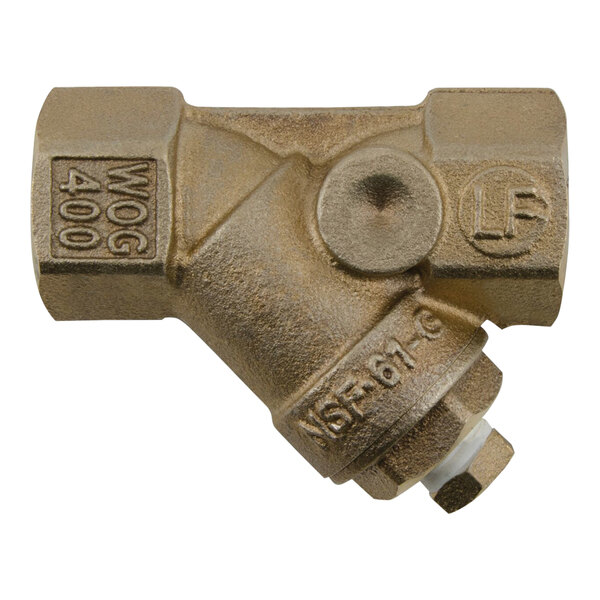 A close-up of a Watts brass strainer with a FNPT connection.