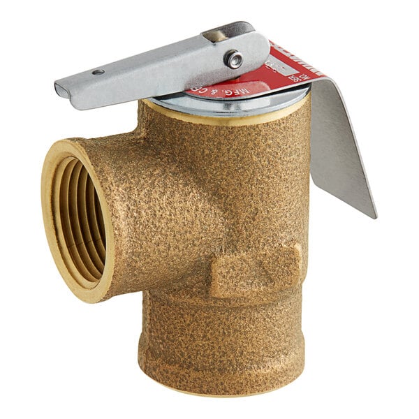 A bronze Watts boiler pressure relief valve with a metal handle.