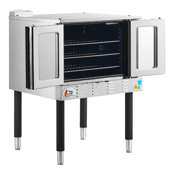 A stainless steel convection oven with two open doors, three interior racks, and four black legs.