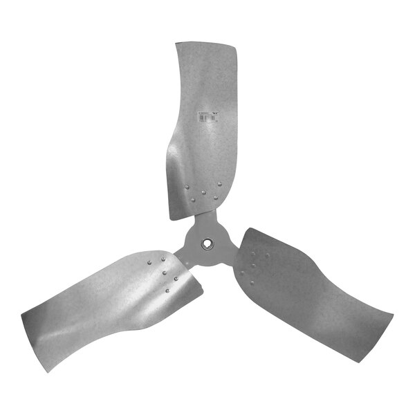 A close-up of a 48" galvanized Canarm fan blade with four blades.
