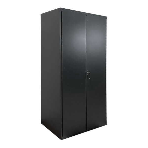 A black steel Valley Craft storage cabinet with two doors and a lock.