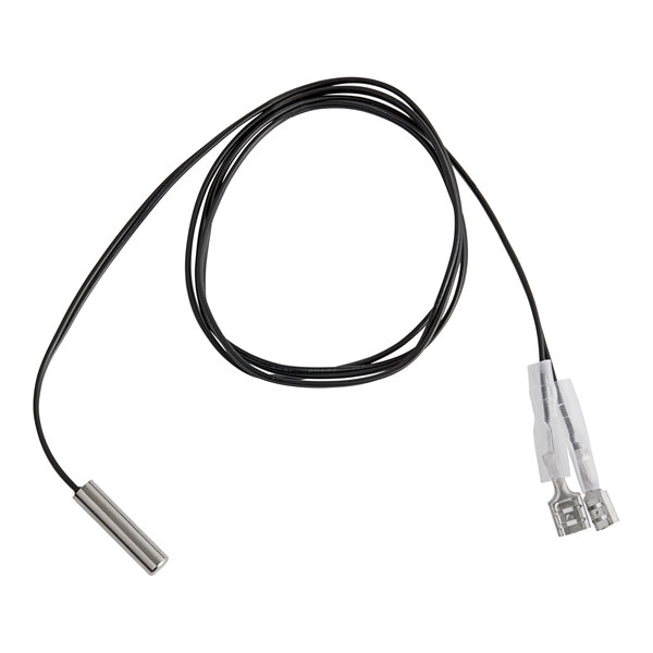 A black cable with a white connector and a black wire with silver connectors.