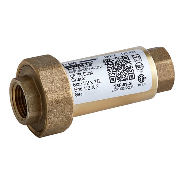 The Watts LF7RU2-2 Dual Check Valve with QR code on brass pressure valve.