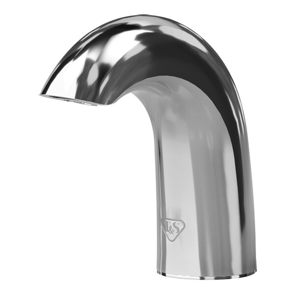 A close-up of a T&S WaveCrest polished chrome sensor faucet with a curved spout.