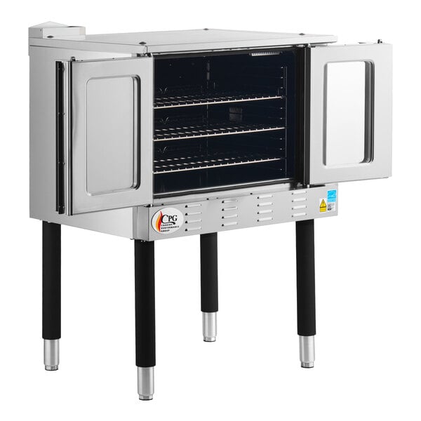 A stainless steel convection oven with two open doors, three interior racks, and four sturdy legs.