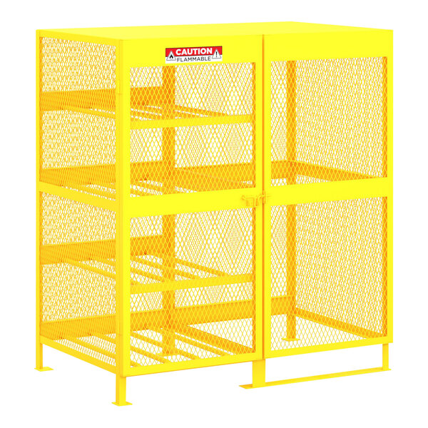 A yellow metal gas cylinder cabinet with mesh doors.