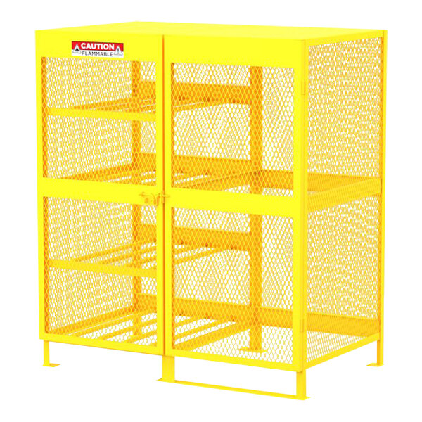 A yellow metal Valley Craft gas cylinder cabinet with mesh doors.