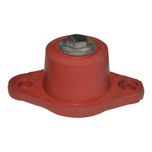 A red rubber vibration isolator with a silver nut on top.