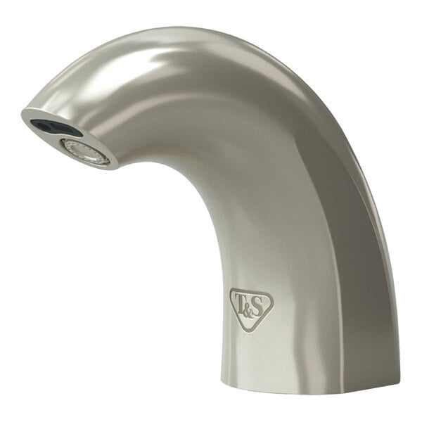 A T&S WaveCrest brushed nickel deck mount sensor faucet with a curved spout.