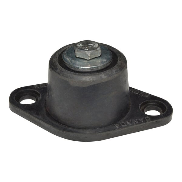 A close-up of a black rubber and metal Canarm vibration isolator with a nut.