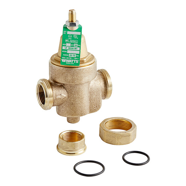 A Watts brass water pressure reducing valve with 3/4" NPT union and FNPT connections.