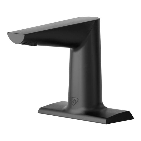 A T&S WaveCrest matte black deck mount sensor faucet on a counter.