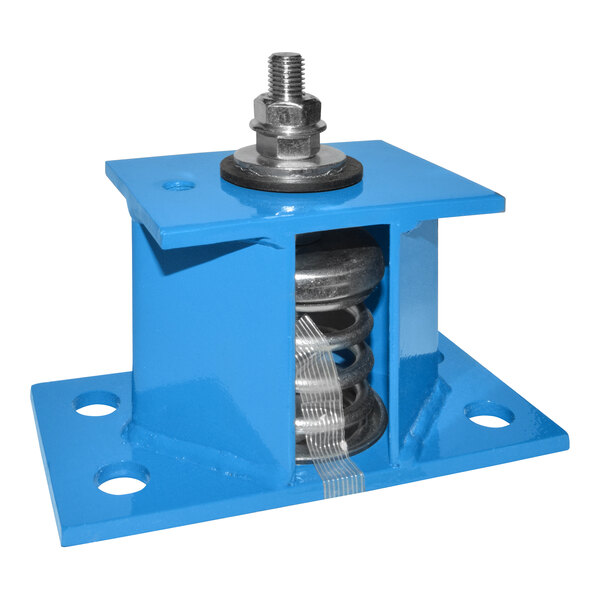 A blue metal Canarm outdoor spring vibration isolator with a metal spring.