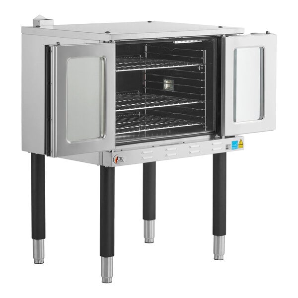 A stainless steel single deck full size electric convection oven with double glass doors and multiple wire racks.