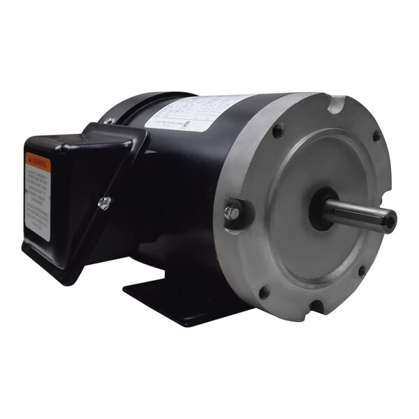 A black and silver Canarm 3 phase electric motor.