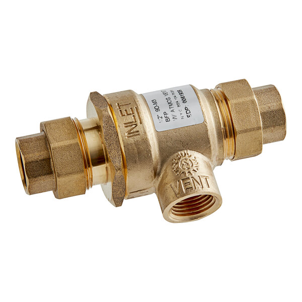 A close-up of a brass Watts 9D Series dual check valve.