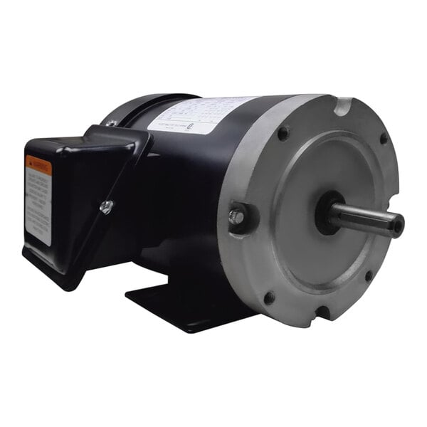 A black and silver Canarm 3/4 hp 3 phase electric motor.