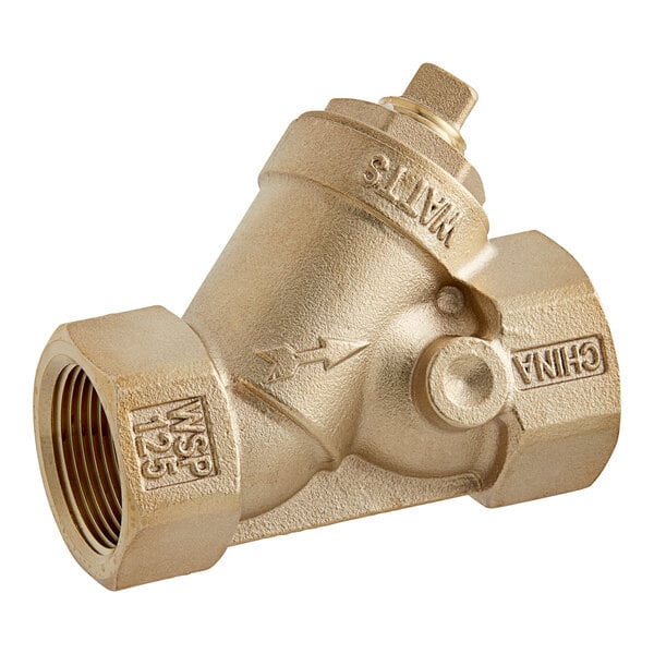 A Watts brass FNPT strainer in a white background.