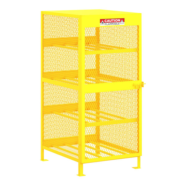 A yellow metal safety cabinet with shelves for gas cylinders.