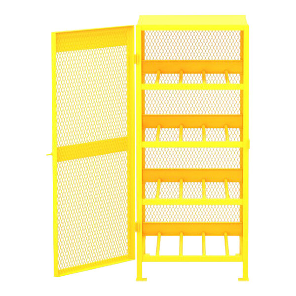 A yellow metal safety cabinet with a yellow mesh door open.