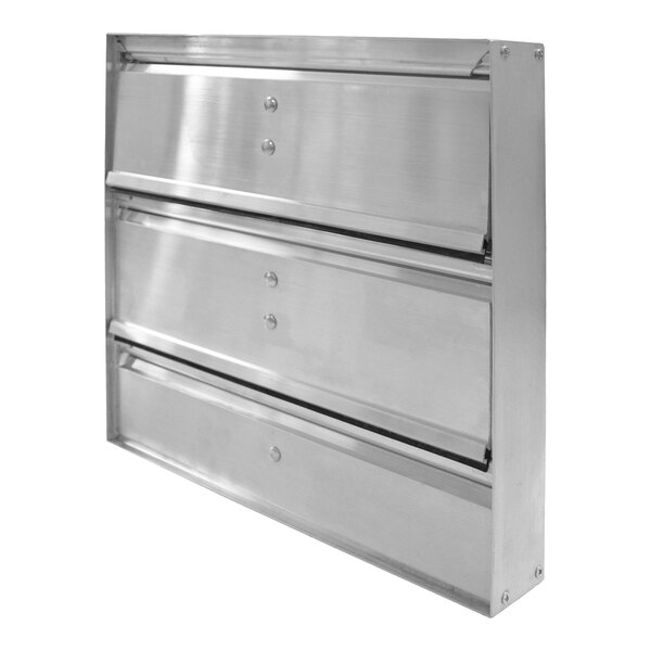 A metallic, rectangular device with three horizontal, louvered panels and a sturdy frame, likely used for ventilation or airflow control.