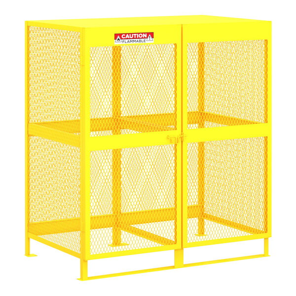 A yellow metal cage with mesh doors.