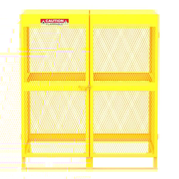 A yellow metal Valley Craft gas cylinder cabinet with mesh doors.
