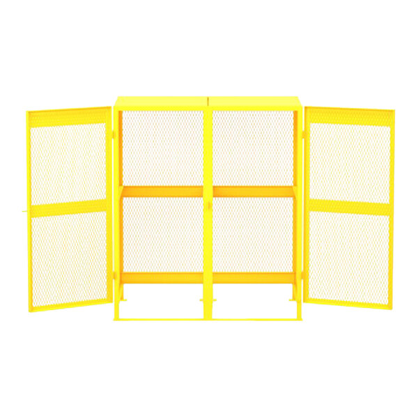 A yellow metal cabinet with mesh doors.