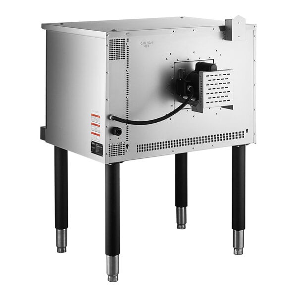 A single deck, full size electric convection oven with a stainless steel exterior and four sturdy legs.