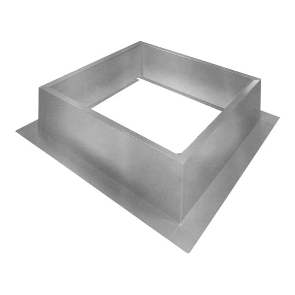 A galvanized steel square metal roof curb with a square hole.