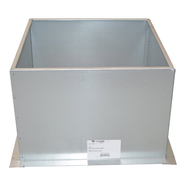 A square, open-topped metal box with a flat base and a label on the front, made of galvanized steel.
